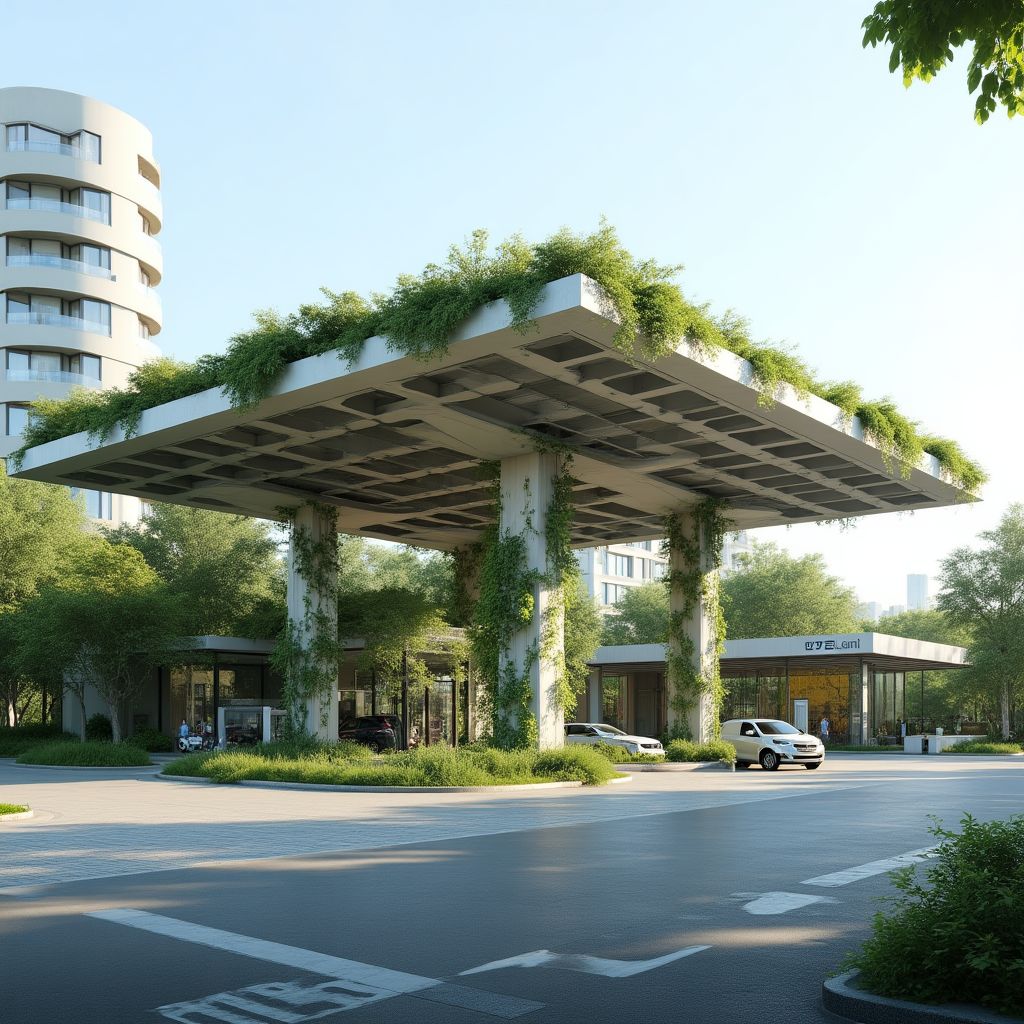 Estación YPF moderna con diseño ecológico
